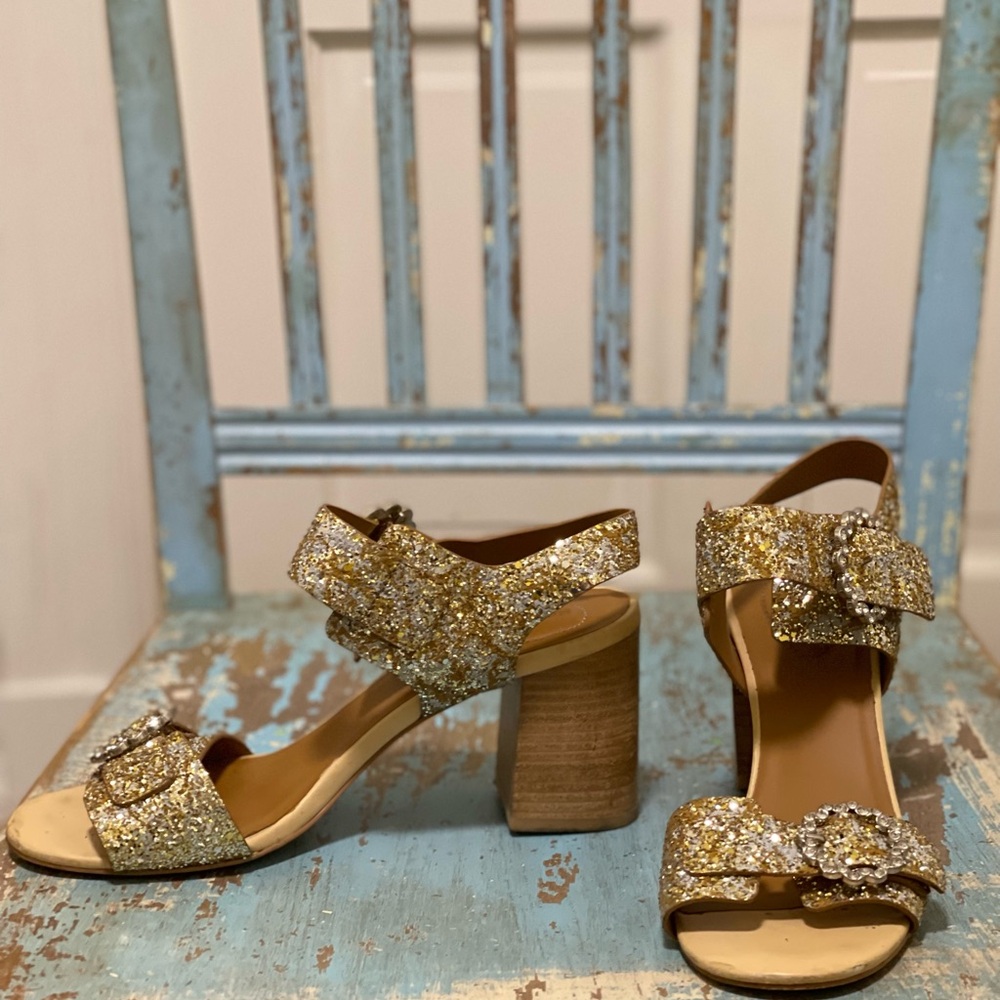 See By Chloé Gold Glitter Bow Block Heel Sandals